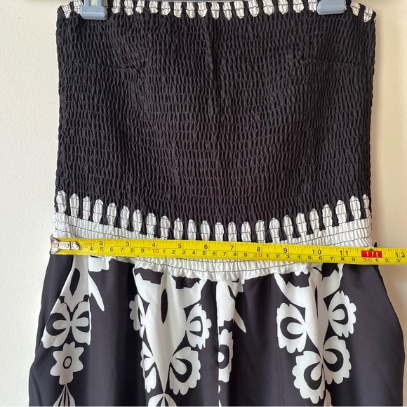 Black White Strapless Jumpsuit Women’s L Smocked Bodice Wide Leg Boho Resort - Picture 6 of 11